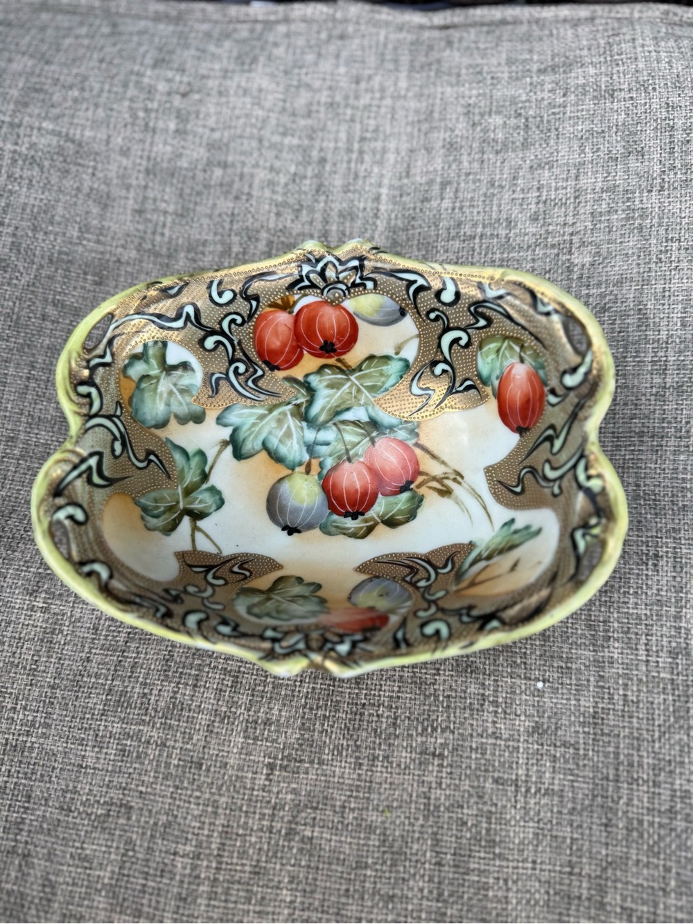 Decorative Fruit nippon Porcelain Bowl in Green and Red gooseberry vintage